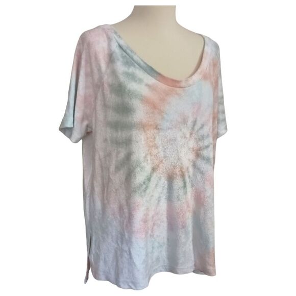 Tie Dye Terry Cloth Top L Relaxed Short Sleeve Beachy Coastal Pastels Hippie - Picture 3 of 16